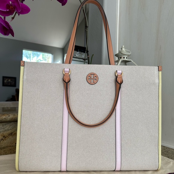 Tory Burch Blake Canvas Jumbo Tote In CANVAS / PINK PASTRY /
PASTEL YELLOW - Picture 2 of 12